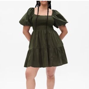 GAP Puff Sleeve Smocked Mini Dress Large Olive Green Peasant Prairie Pockets